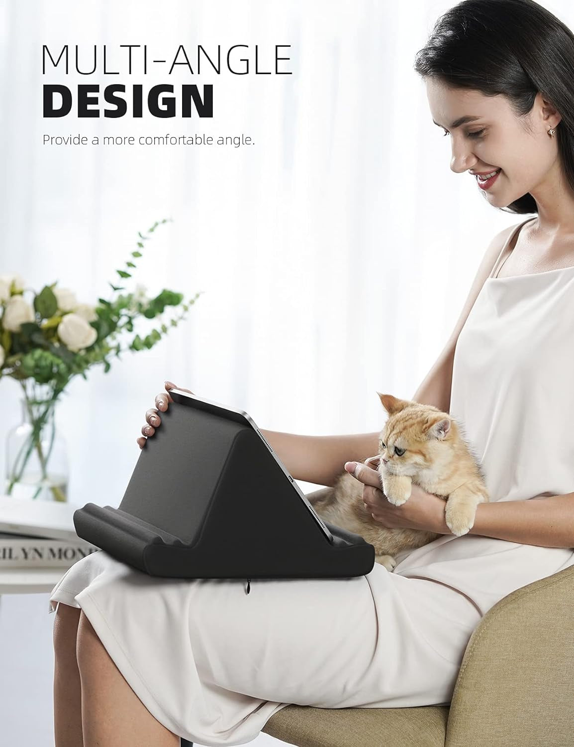 Tablet Pillow Holder Stand - Tablet Pillow Soft Pad for Lap | Tablet Holder for Bed and Desk with Pocket & 4 Viewing Angles, for Ipad Pro Air, Mini, Kindle, Iphone, 4-13" Devices, Black