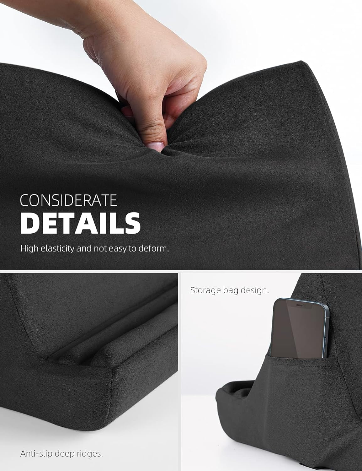 Tablet Pillow Holder Stand - Tablet Pillow Soft Pad for Lap | Tablet Holder for Bed and Desk with Pocket & 4 Viewing Angles, for Ipad Pro Air, Mini, Kindle, Iphone, 4-13" Devices, Black