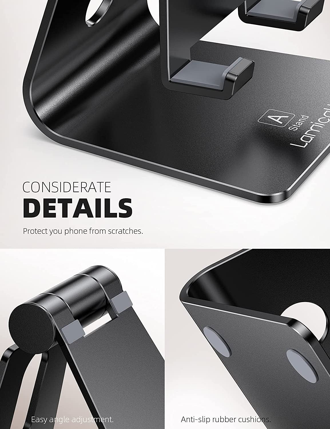 Aluminum Cell Phone Stand, Adjustable Desk Phone Holder for Iphone | Adjustable Viewing Angle, Stable Anti-Slip Base, Case Friendly for Iphone 17 16 15 14 Pro Max, Office Desk Essential, Black