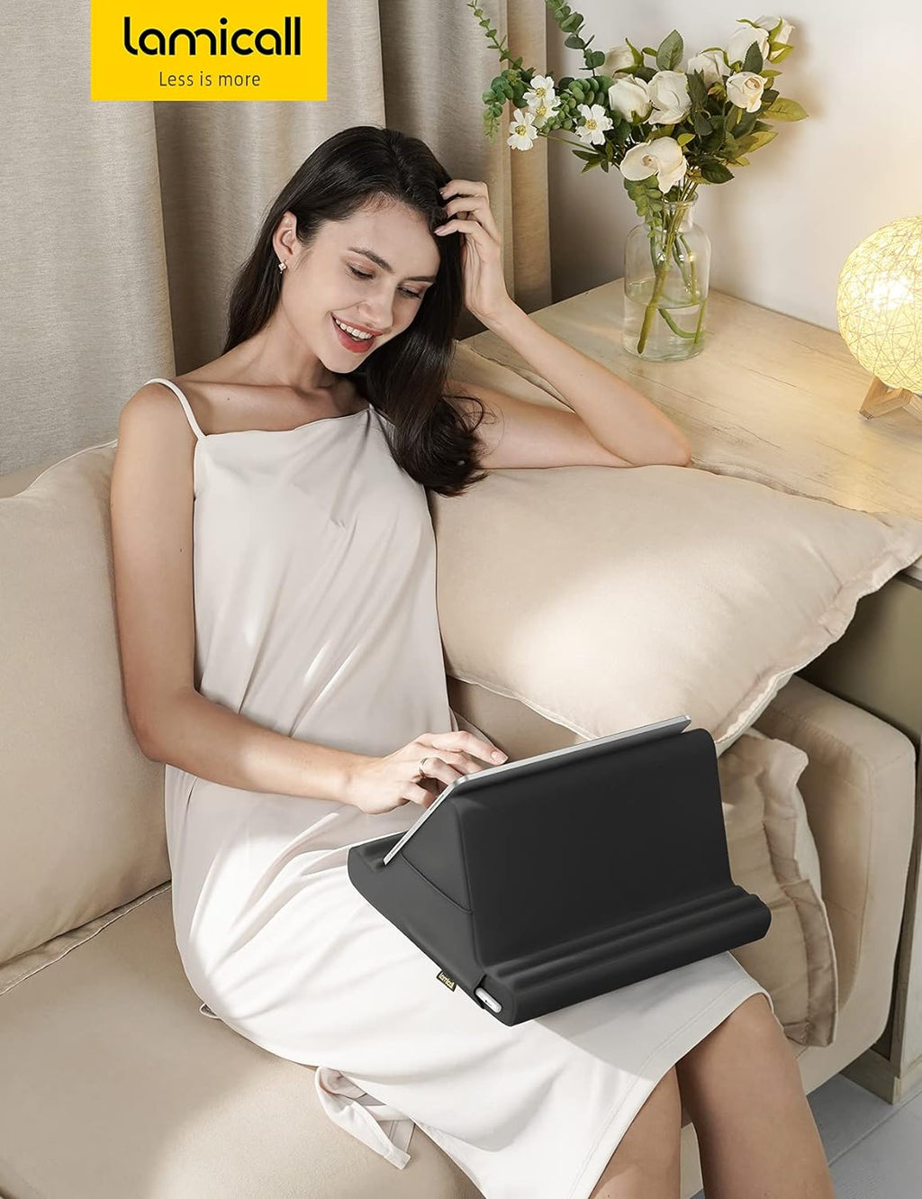 Tablet Pillow Holder Stand - Tablet Pillow Soft Pad for Lap | Tablet Holder for Bed and Desk with Pocket & 4 Viewing Angles, for Ipad Pro Air, Mini, Kindle, Iphone, 4-13" Devices, Black