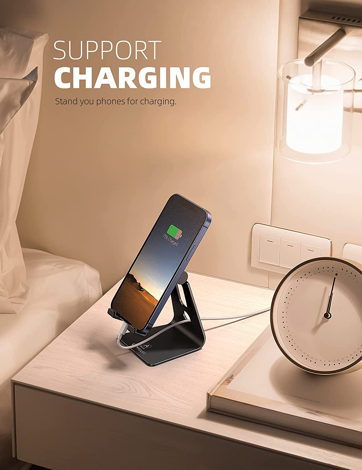 Aluminum Cell Phone Stand, Adjustable Desk Phone Holder for Iphone | Adjustable Viewing Angle, Stable Anti-Slip Base, Case Friendly for Iphone 17 16 15 14 Pro Max, Office Desk Essential, Black
